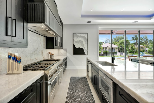 kitchen featuring stainless steel appliances, sink, premium range hood, a raised ceiling, and decorative backsplash