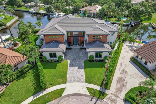 bird's eye view with a water view