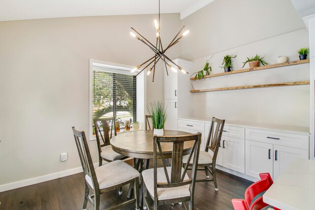 dining room with vaulted ceiling, an inviting chandelier, and dark hardwood / wood-style flooring