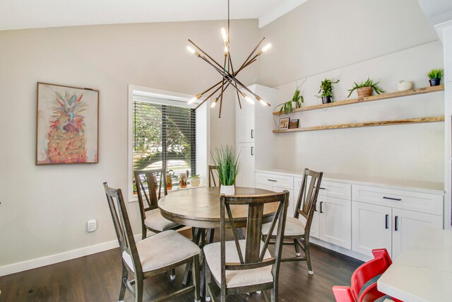 dining space with vaulted ceiling, dark hardwood / wood-style flooring, and a chandelier