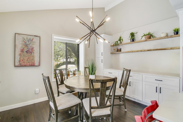 dining room with dark wood-style floors, high vaulted ceiling, baseboards, and an inviting chandelier