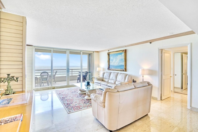 living room featuring ornamental molding, a water view, a textured ceiling, and expansive windows