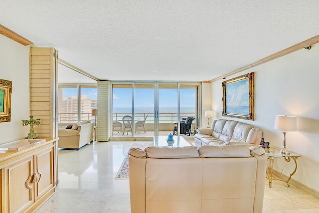 living room with a textured ceiling, a wall of windows, ornamental molding, and a water view