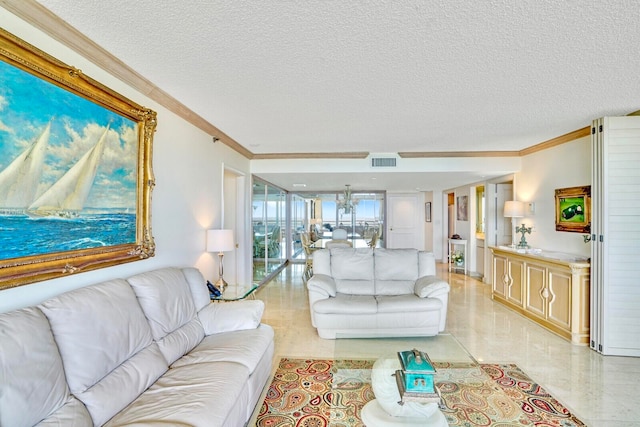 living room featuring a textured ceiling and crown molding