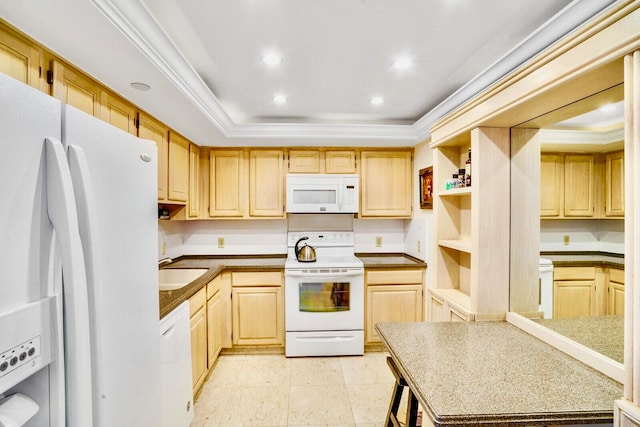 kitchen featuring light brown cabinets, a tray ceiling, crown molding, and white appliances