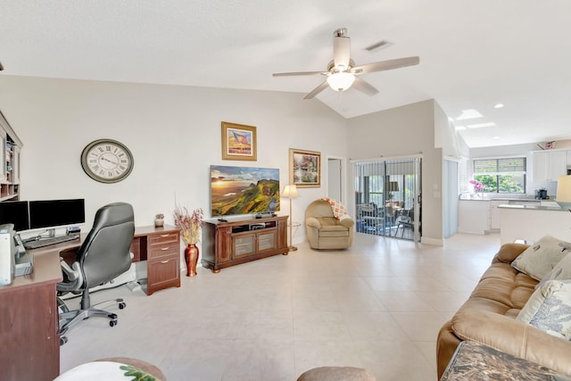 tiled home office featuring high vaulted ceiling, ceiling fan, and a textured ceiling