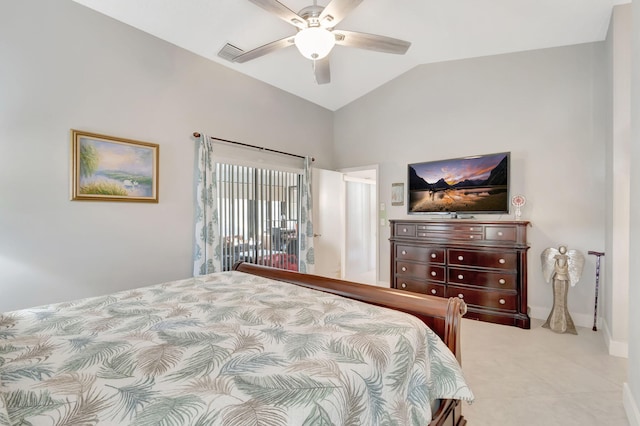 tiled bedroom with ceiling fan and vaulted ceiling