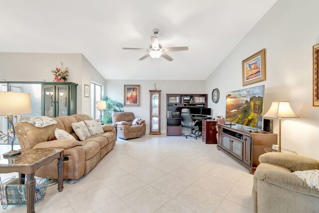 living room featuring lofted ceiling and ceiling fan