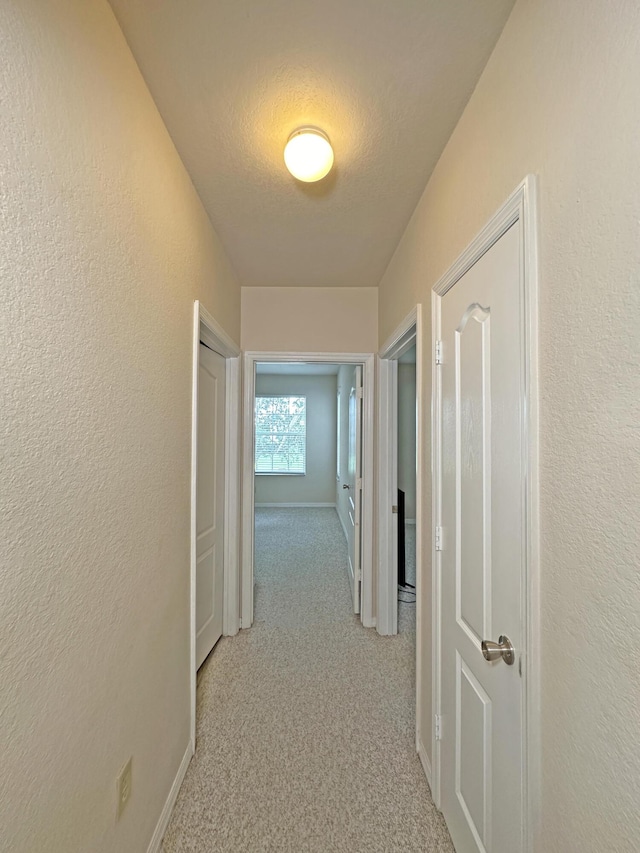 hall with a textured ceiling, baseboards, carpet, and a textured wall