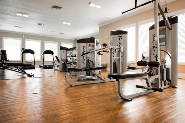 workout area with plenty of natural light, crown molding, and light wood-type flooring