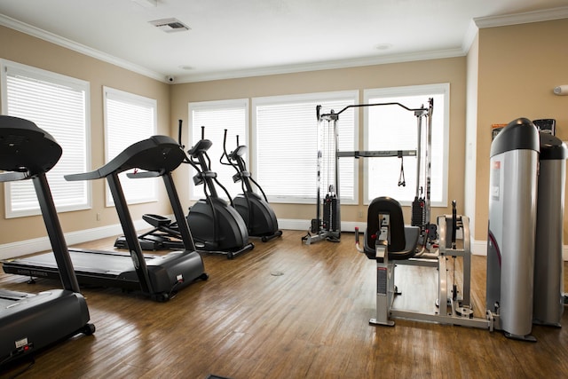 exercise area featuring visible vents, a healthy amount of sunlight, wood finished floors, and ornamental molding