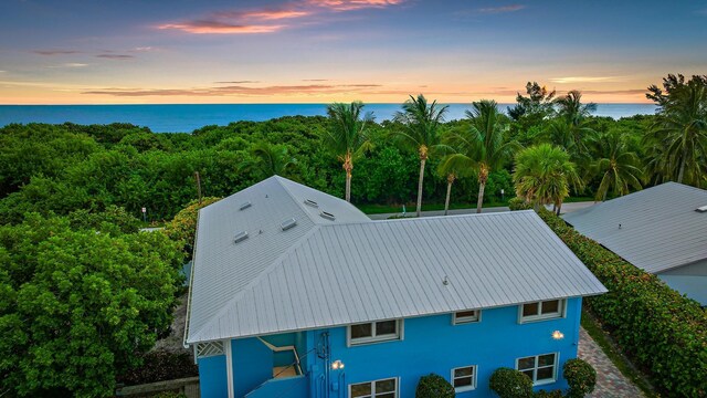 aerial view at dusk featuring a water view