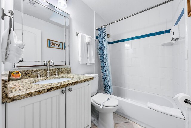 full bathroom featuring shower / bath combo, visible vents, toilet, tile patterned flooring, and vanity