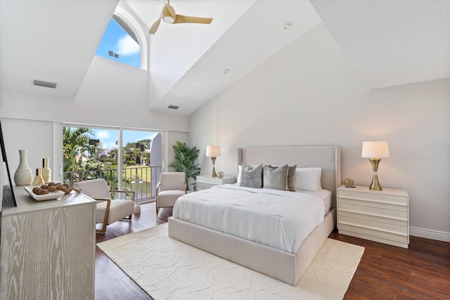 bedroom featuring access to outside, high vaulted ceiling, dark wood-type flooring, and ceiling fan