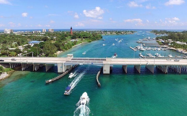 drone / aerial view with a water view