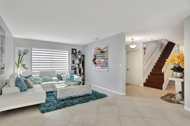 living room with light tile patterned floors