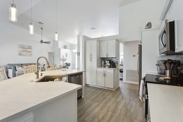 kitchen featuring ceiling fan, light hardwood / wood-style flooring, pendant lighting, appliances with stainless steel finishes, and sink