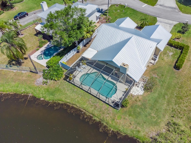 drone / aerial view featuring a water view