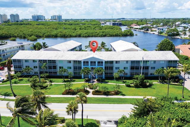 aerial view featuring a water view