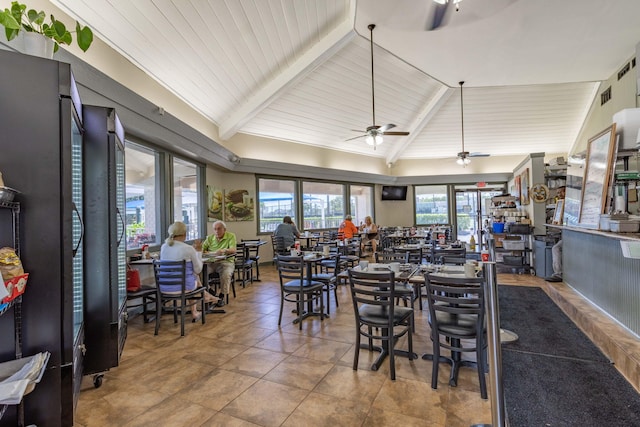 dining space with wooden ceiling, lofted ceiling with beams, ceiling fan, and tile patterned floors