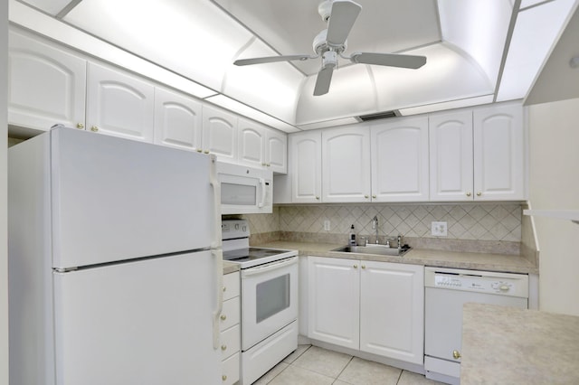 kitchen featuring ceiling fan, white cabinets, sink, and white appliances