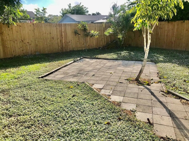 view of yard with a fenced backyard and a patio