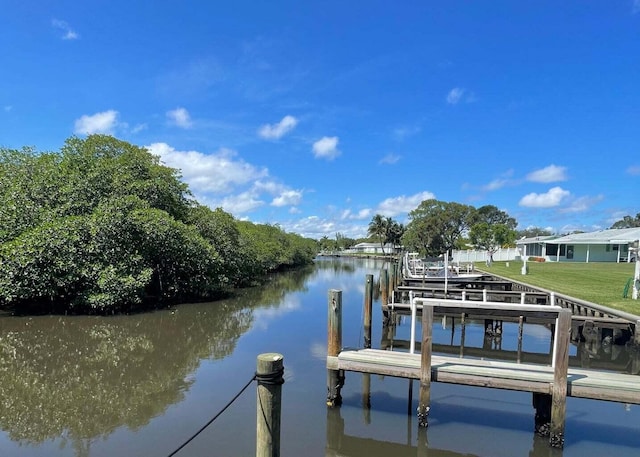 dock area with a water view, a yard, and boat lift