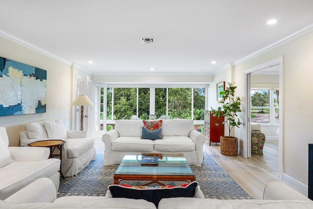 living room featuring crown molding and hardwood / wood-style flooring