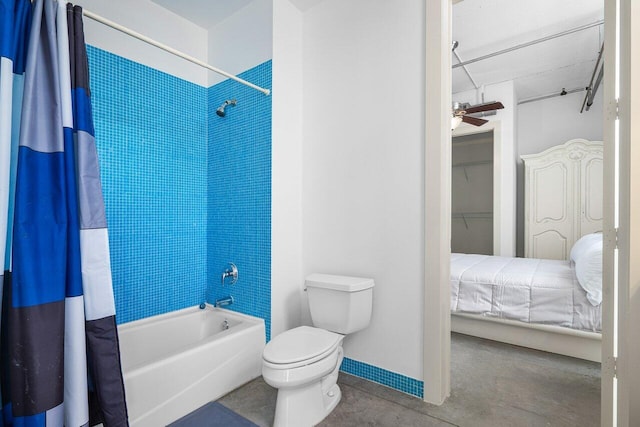 bathroom with shower / bath combo, ceiling fan, toilet, and concrete floors