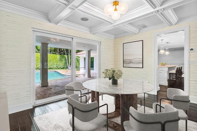 dining space with an inviting chandelier, beamed ceiling, coffered ceiling, and dark hardwood / wood-style flooring