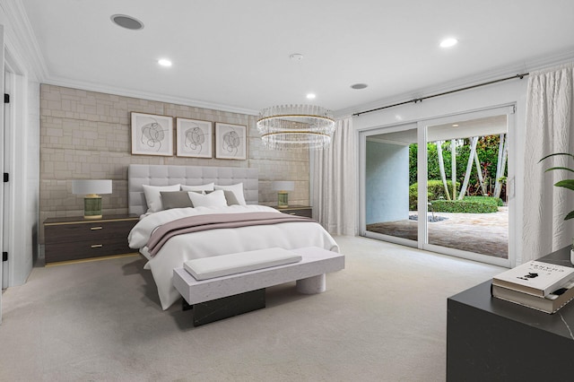 bedroom featuring light colored carpet, a notable chandelier, tile walls, access to outside, and ornamental molding