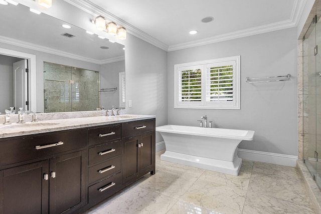 bathroom featuring vanity, shower with separate bathtub, and crown molding