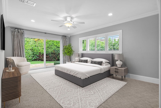 bedroom featuring ornamental molding, access to exterior, ceiling fan, and light carpet