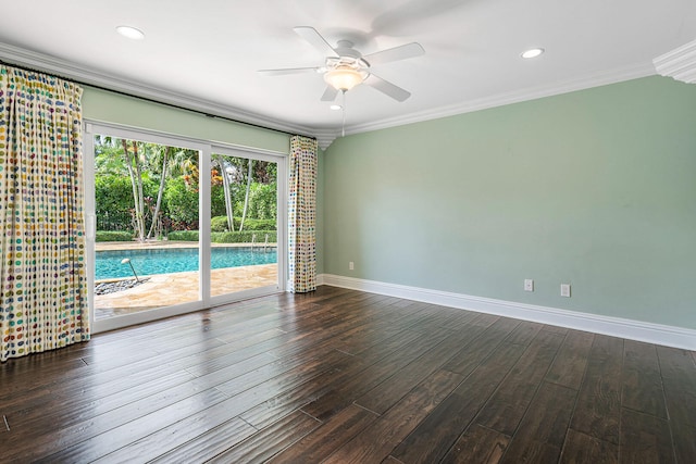 unfurnished room with ceiling fan, crown molding, and dark hardwood / wood-style flooring