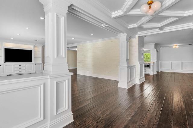 unfurnished living room with ornamental molding, beam ceiling, coffered ceiling, dark hardwood / wood-style floors, and decorative columns