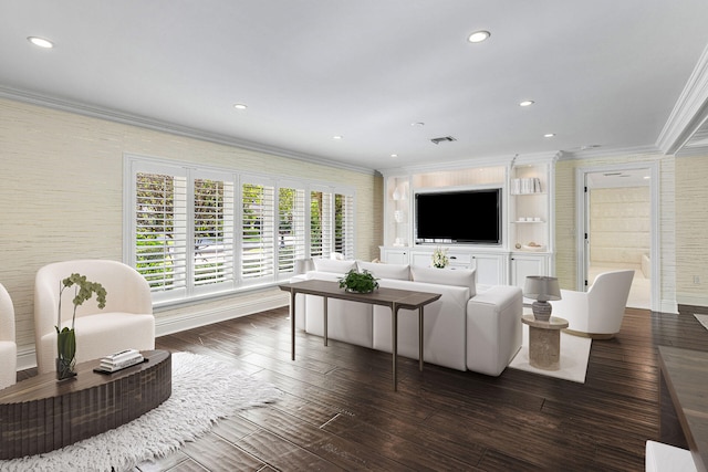 living room with crown molding and dark hardwood / wood-style flooring