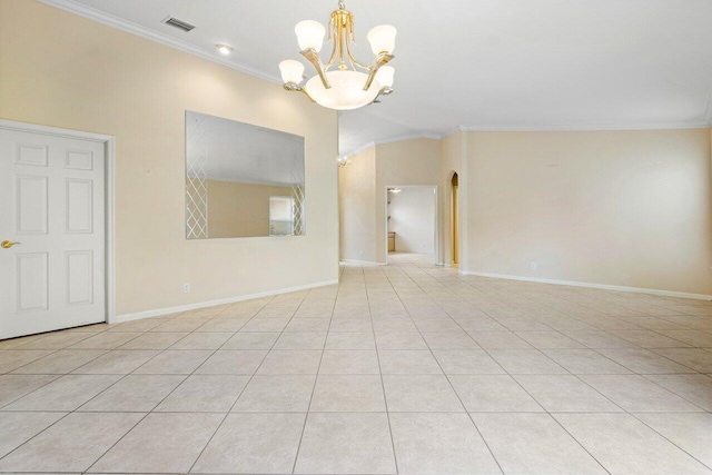 unfurnished room featuring light tile patterned floors, ornamental molding, and a chandelier