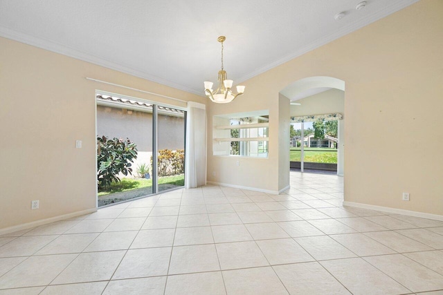 tiled empty room featuring a wealth of natural light, crown molding, and a chandelier