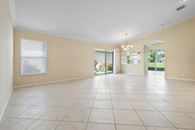 unfurnished room with crown molding, a chandelier, and light tile patterned floors