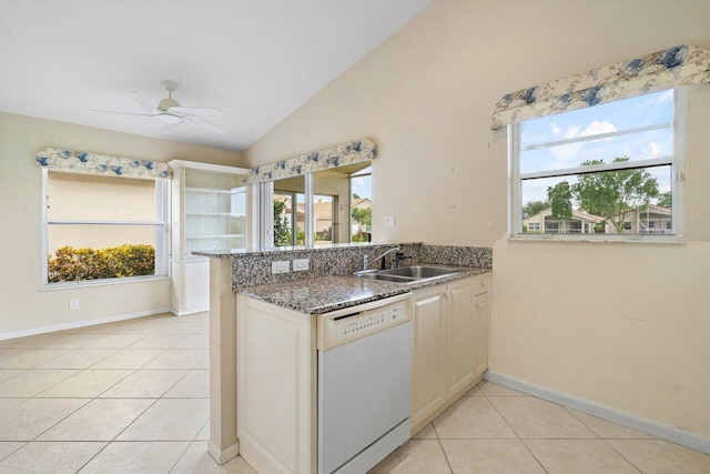 kitchen with dishwasher, sink, lofted ceiling, light tile patterned floors, and ceiling fan