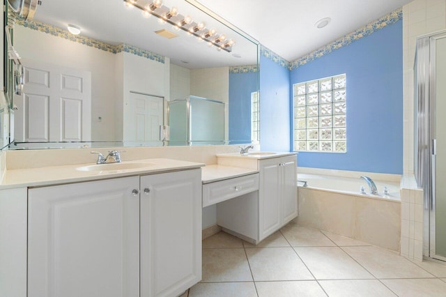 bathroom featuring separate shower and tub, tile patterned floors, and vanity