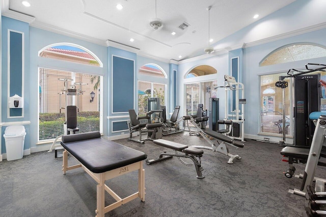 workout area featuring crown molding, plenty of natural light, and a textured ceiling