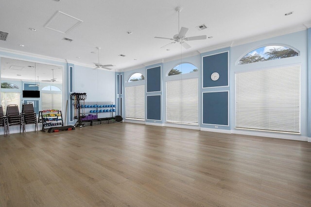 workout area featuring ceiling fan, hardwood / wood-style flooring, and ornamental molding