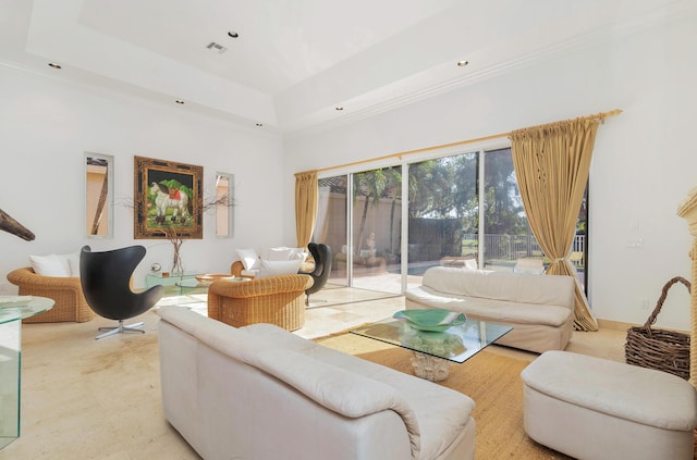 living room featuring a tray ceiling and crown molding