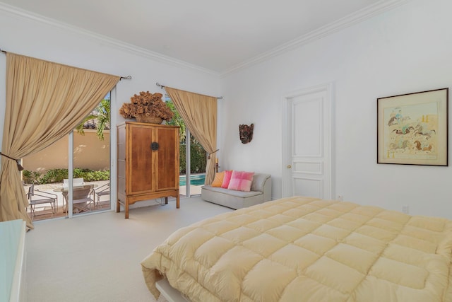 bedroom featuring access to exterior, carpet, multiple windows, and ornamental molding