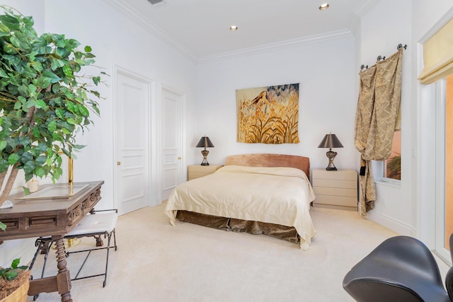 carpeted bedroom with ornamental molding