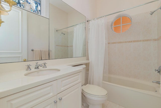 full bathroom featuring toilet, vanity, tile patterned floors, and shower / bathtub combination with curtain