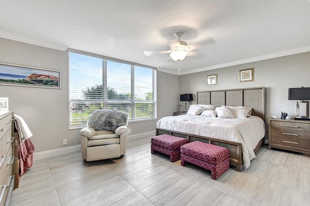 tiled bedroom with ceiling fan and ornamental molding