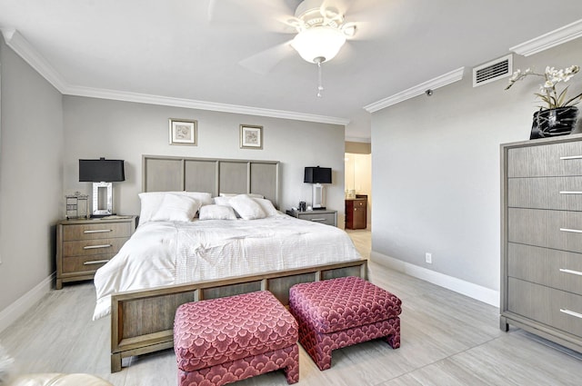 bedroom with ornamental molding and ceiling fan