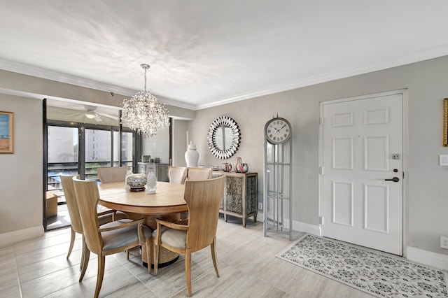 dining area featuring ornamental molding and an inviting chandelier